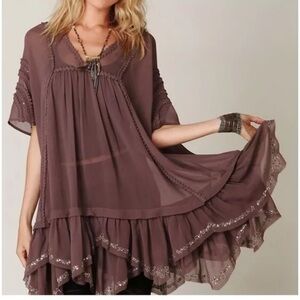Free People Brown Flutter Sleeve Asymmetrical Sundress